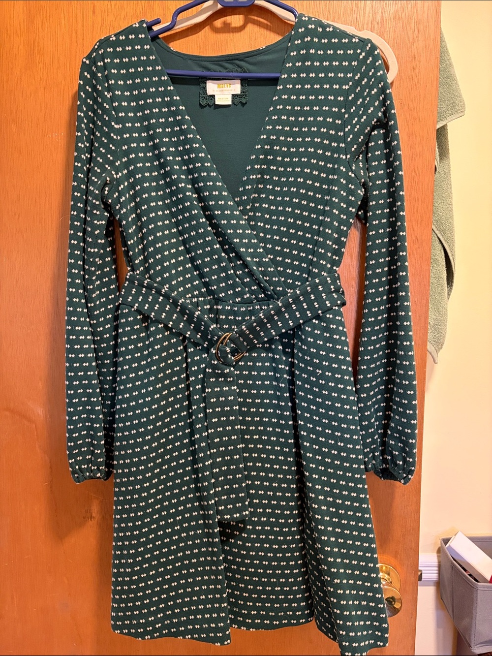 Maeve Teal Green Printed Long-Sleeve Wrap Dress with Belt